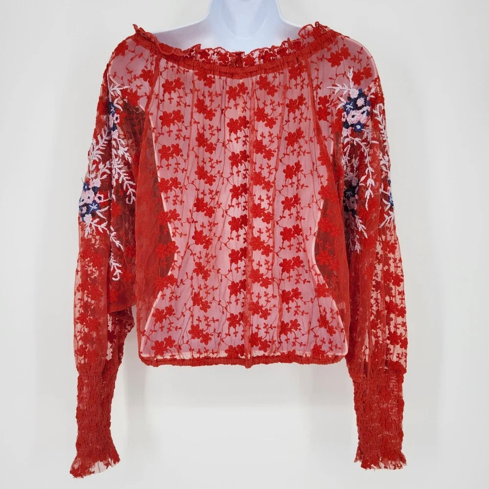 Free People Red Sheer Lace Floral Boho Top Womens XS Romantic Ethereal Fairy‎